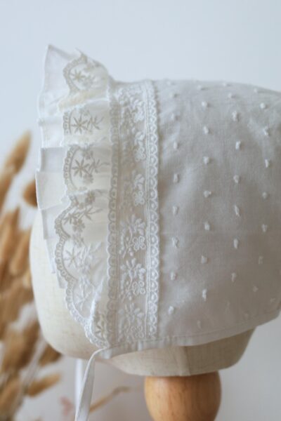 Ivory Baby Bonnet with Lace Ruffle