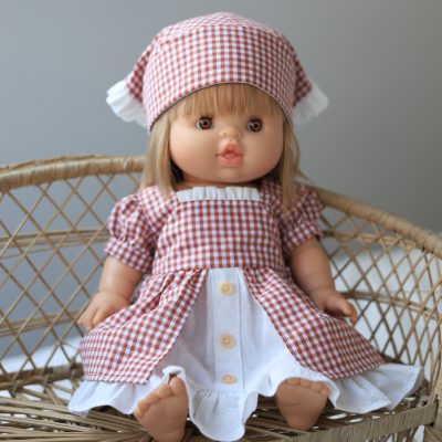 Terracotta Gingham Doll Dress with Bonnet for Minikane 32–34 cm
