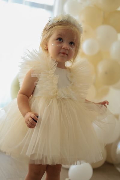 Festive Fairy Baby Dress in Ivory Beige Tulle with Floral Details