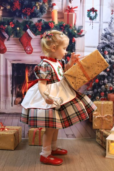 Plaid Christmas Dress with Hand Embroidery for Girls